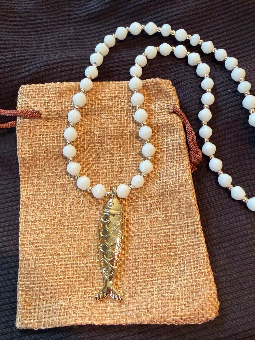 Gold Fish Pendant Beaded Necklace - White Beads, Import d from Italy